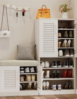 Shoe Cabinet with Storage Bench Set for Entryway,7-Tier Shoe Storage Cabinet and 3-Tier Cushioned Shoe Bench with Louvered Door - 1503