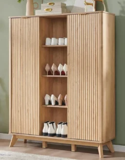 Fluted Shoe Storage Cabinet with 2 Sliding Doors, 6-Tier Adjustable Shelves, 60