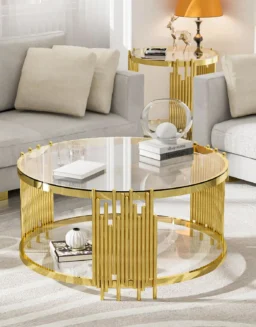 Luxury Gold Round Glass Coffee Table, 35.4